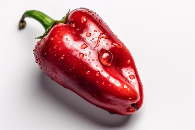 Een rode paprika met waterdruppels erop