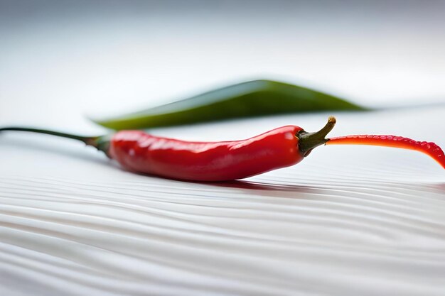 Een rode peper die op een wit oppervlak ligt met een groen blad.