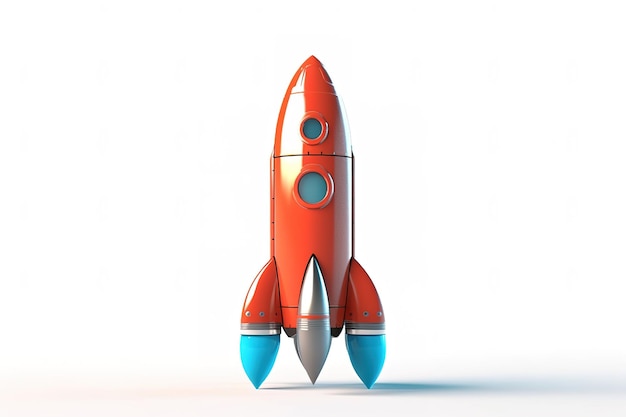 Een rode raket met blauwe vinnen en een blauwe staart staat op een witte achtergrond.