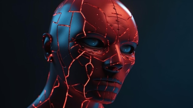 Een rode robot met een gebarsten huid en een zwarte achtergrond.