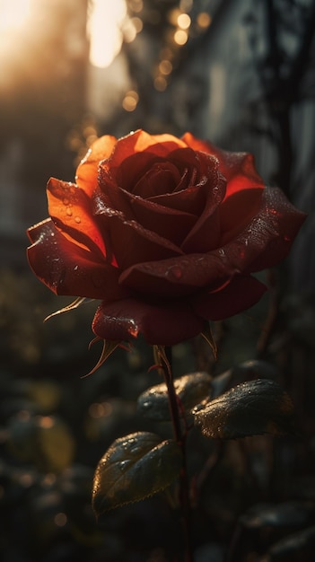Een rode roos in de zon