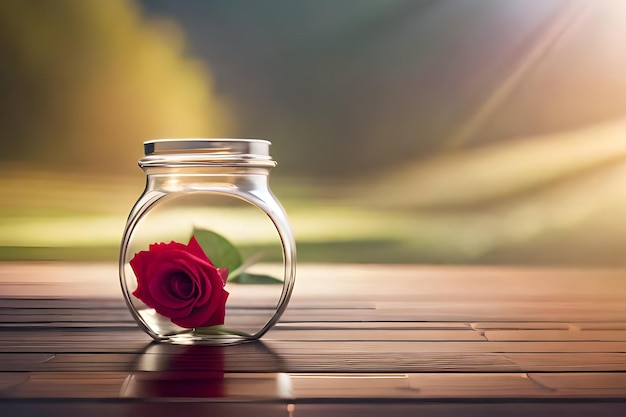 Een rode roos in een glazen pot op een houten tafel