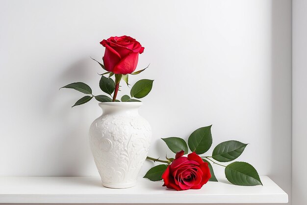Een rode roos in een witte vaas op een witte houten plank Witte achtergrond