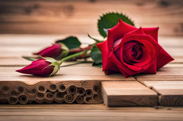 een rode roos ligt op een houten tafel met een bos rode rozen