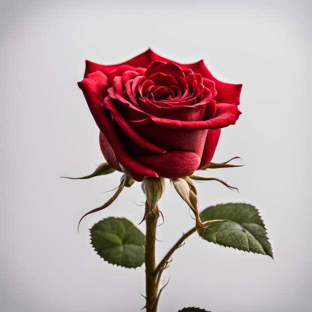 Foto een rode roos met blad op een witte achtergrond