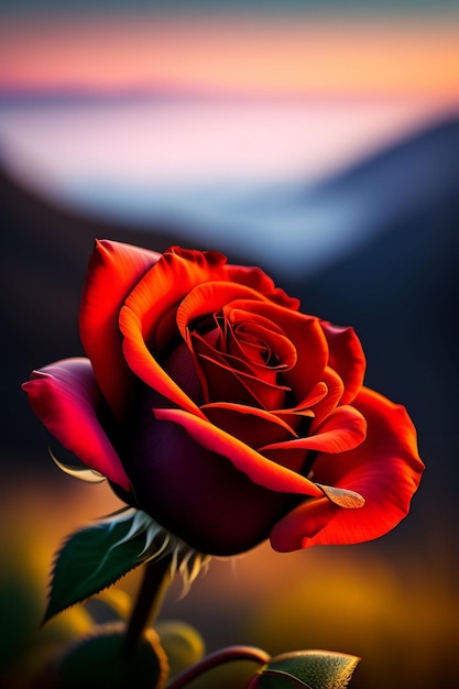 Een rode roos met een blauwe achtergrond