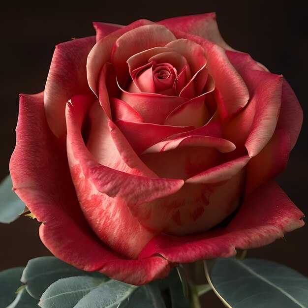 Een rode roos met een groen blad erop