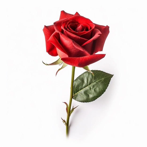 Een rode roos met een groen blad op de stengel