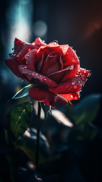 Een rode roos met waterdruppels erop