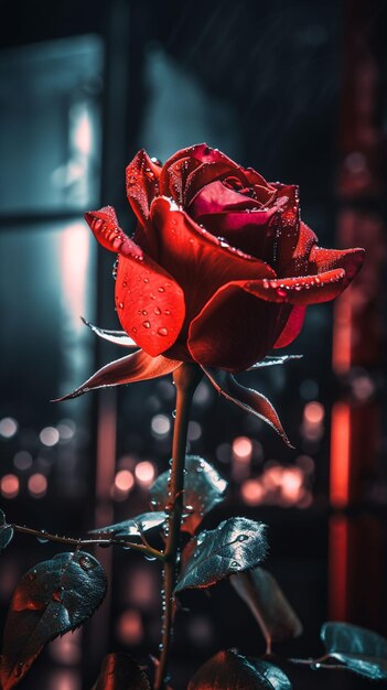 Een rode roos met waterdruppels erop