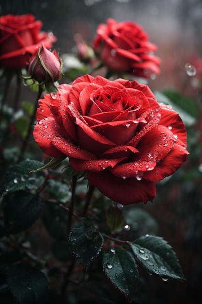 een rode roos met waterdruppels erop