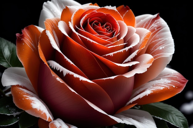 Een rode roos met witte en rode strepen wordt getoond.