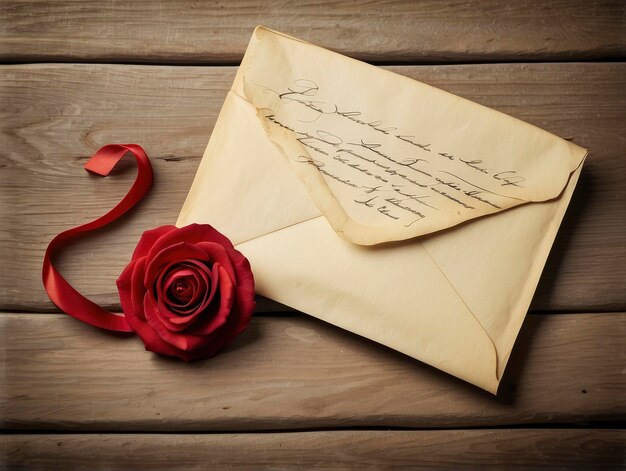 een rode roos naast een oude envelop op een houten tafel