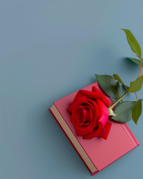 Een rode roos staat bovenop een rood boek.