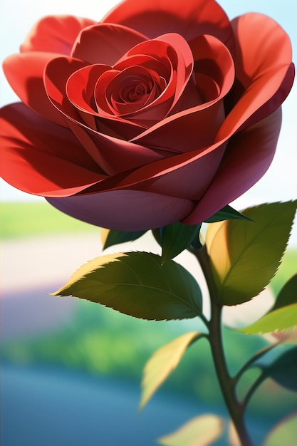 Een rode roos staat voor een blauwe achtergrond.