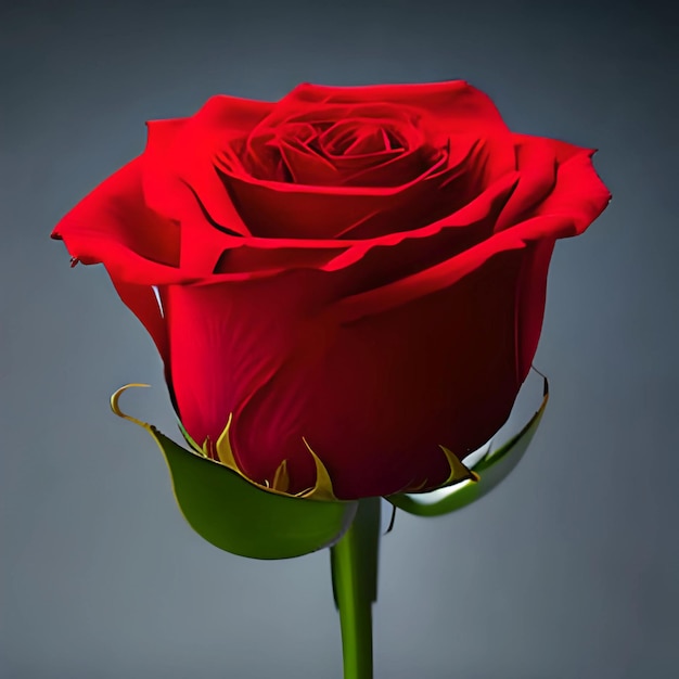 Een rode roos staat voor een grijze achtergrond.