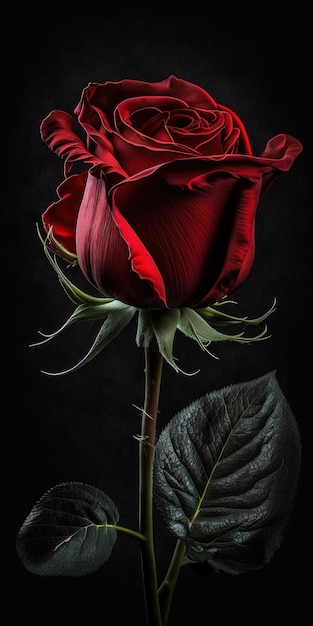 Een rode roos steekt op tegen een donkere achtergrond