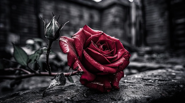 Een rode roos zit op een steen voor een donker gebouw