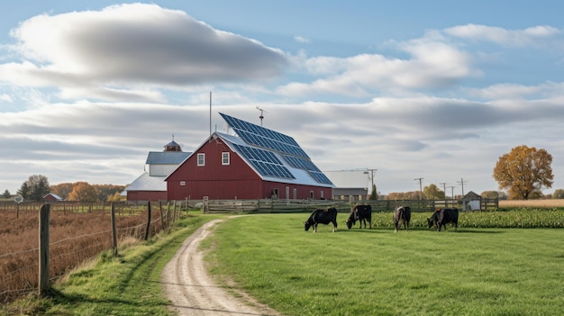 Foto een rode schuur met een zonnepaneel op het dak