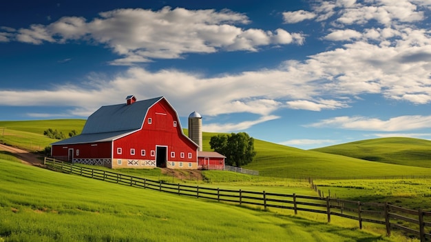 een rode schuur staat op een boerderij op het platteland.