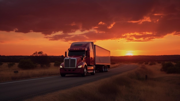 Een rode semi-vrachtwagen rijdt over een weg met daarachter de ondergaande zon