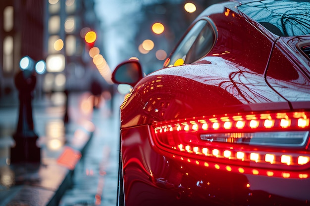 Een rode sportwagen geparkeerd op een stadsstraat's nachts met de lichten aan en de achterlichten ingeschakeld