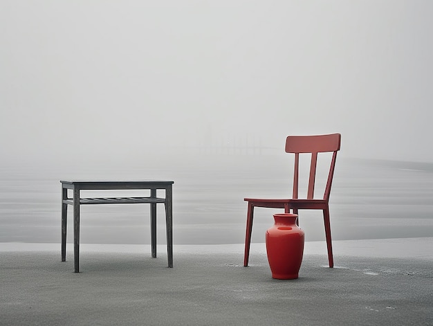 Een rode stoel en een rode vaas staan op een grijze betonnen vloer.