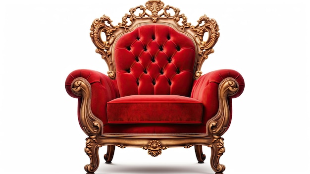 Een rode stoel met een gouden frame en een rode stoel Met een gouden kroon.