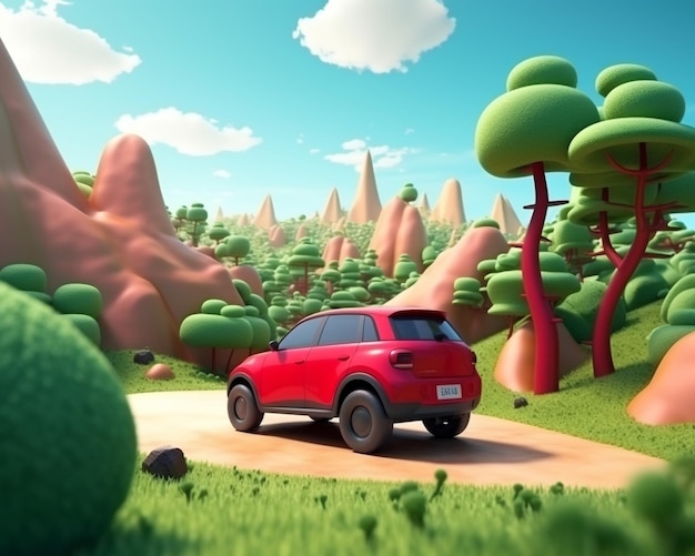 Een rode SUV rijdt op een onverharde weg in een bos.