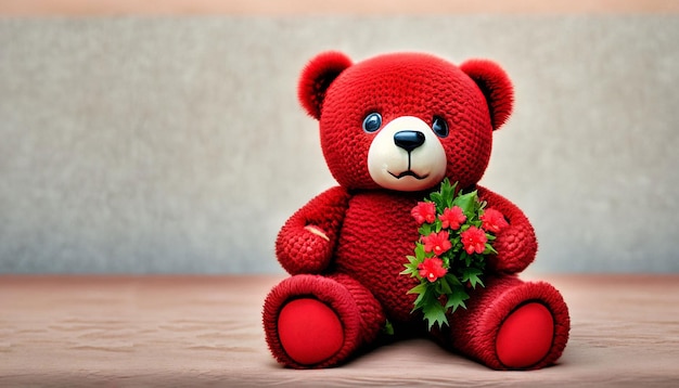 Een rode teddybeer met een boeket bloemen