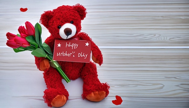 Een rode teddybeer met een rood bord met de tekst happy abber's day erop.