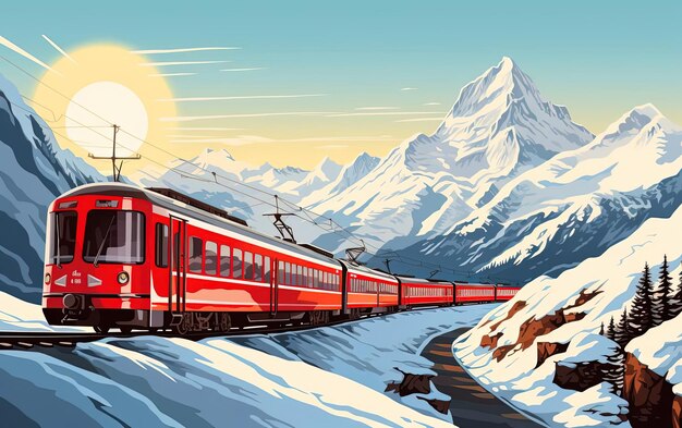 een rode trein die langs een besneeuwde berg reist in de stijl van solarizing master