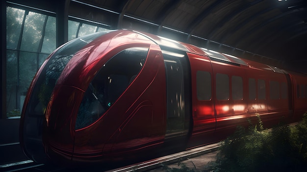 Een rode trein rijdt in een station met een groen dak.