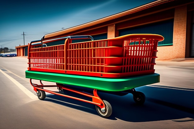 Een rode trolley met een groene mand voorop.