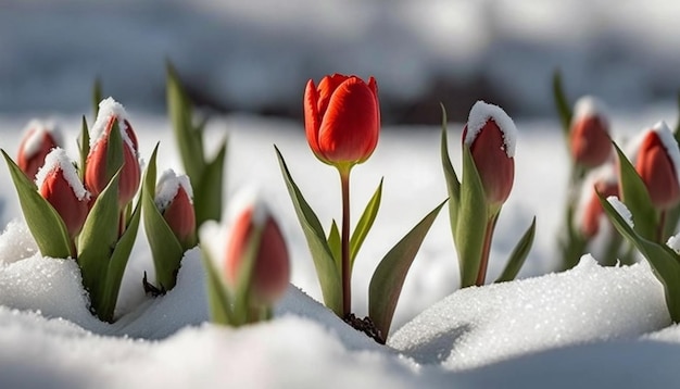 Een rode tulp in de sneeuw