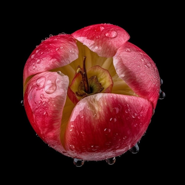 Een rode tulp met waterdruppels erop