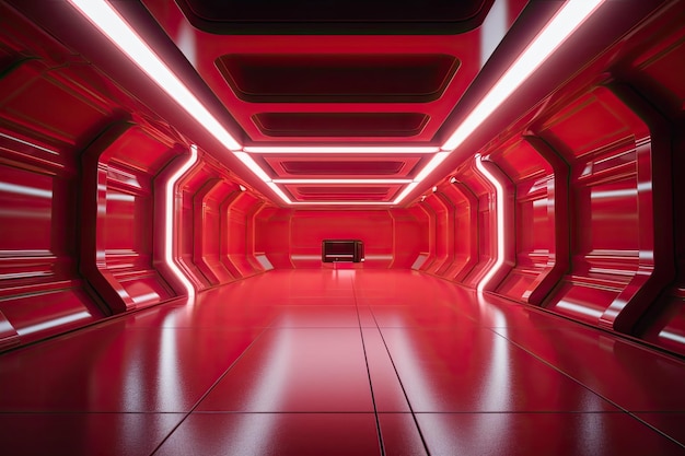 Een rode tunnel met lampjes aan het plafond