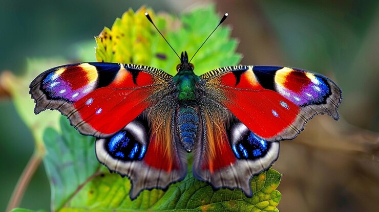 Foto een rode vlinder met blauwe en groene vlekken op zijn vleugels