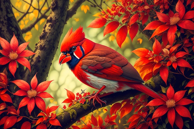 Een rode vogel met een blauwe kop zit op een tak met rode bloemen.