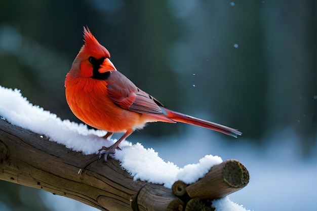 Een rode vogel met een zwart gezicht en oranje veren op zijn kop zit op een tak.