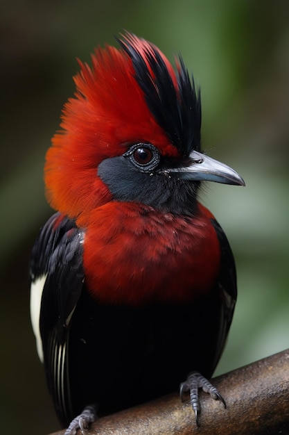 Een rode vogel met zwarte veren en een zwarte kop zit op een tak.