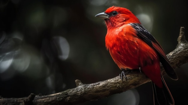 Een rode vogel zit op een tak in het bos.