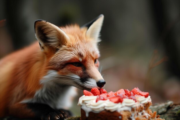 Een rode vos eet actief een stuk taart in deze scène