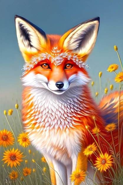 Een rode vos in een bloemenveld