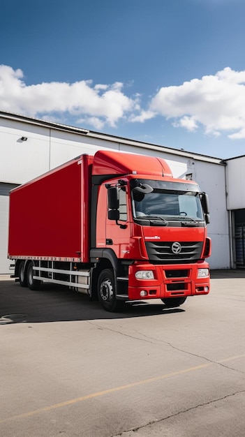 een rode vrachtwagen geparkeerd voor een gebouw