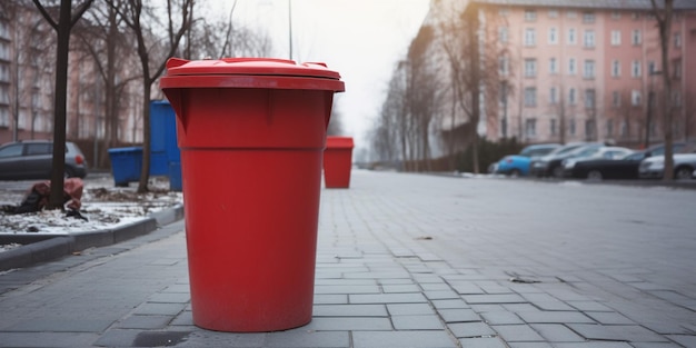 Een rode vuilnisbak op een stoep voor een gebouw.