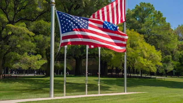 Een rode, witte en blauwe Amerikaanse vlag vliegt in de wind.