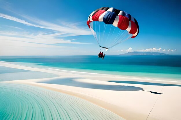 Een rode, witte en blauwe parachute wordt door een man op een strand getrokken.