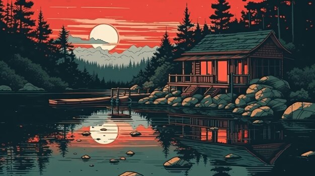 Een rode zonsondergang wordt weerspiegeld in een meer met een huis op de achtergrond.