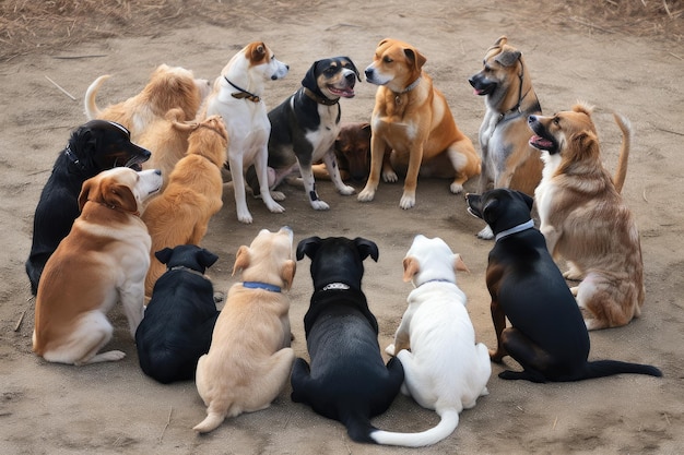 Foto een roedel honden die in een cirkel naar elkaar zitten te kijken, gemaakt met generatieve ai